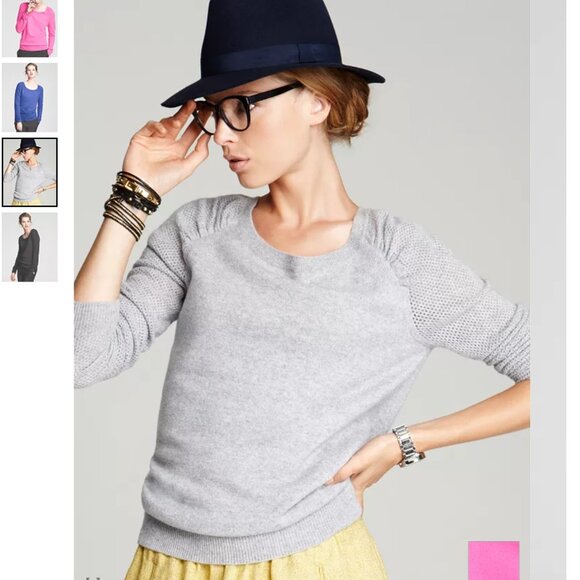 AQUA Cashmere Scoop Neck Sweater with Mesh Sleeves - Picture 1 of 11